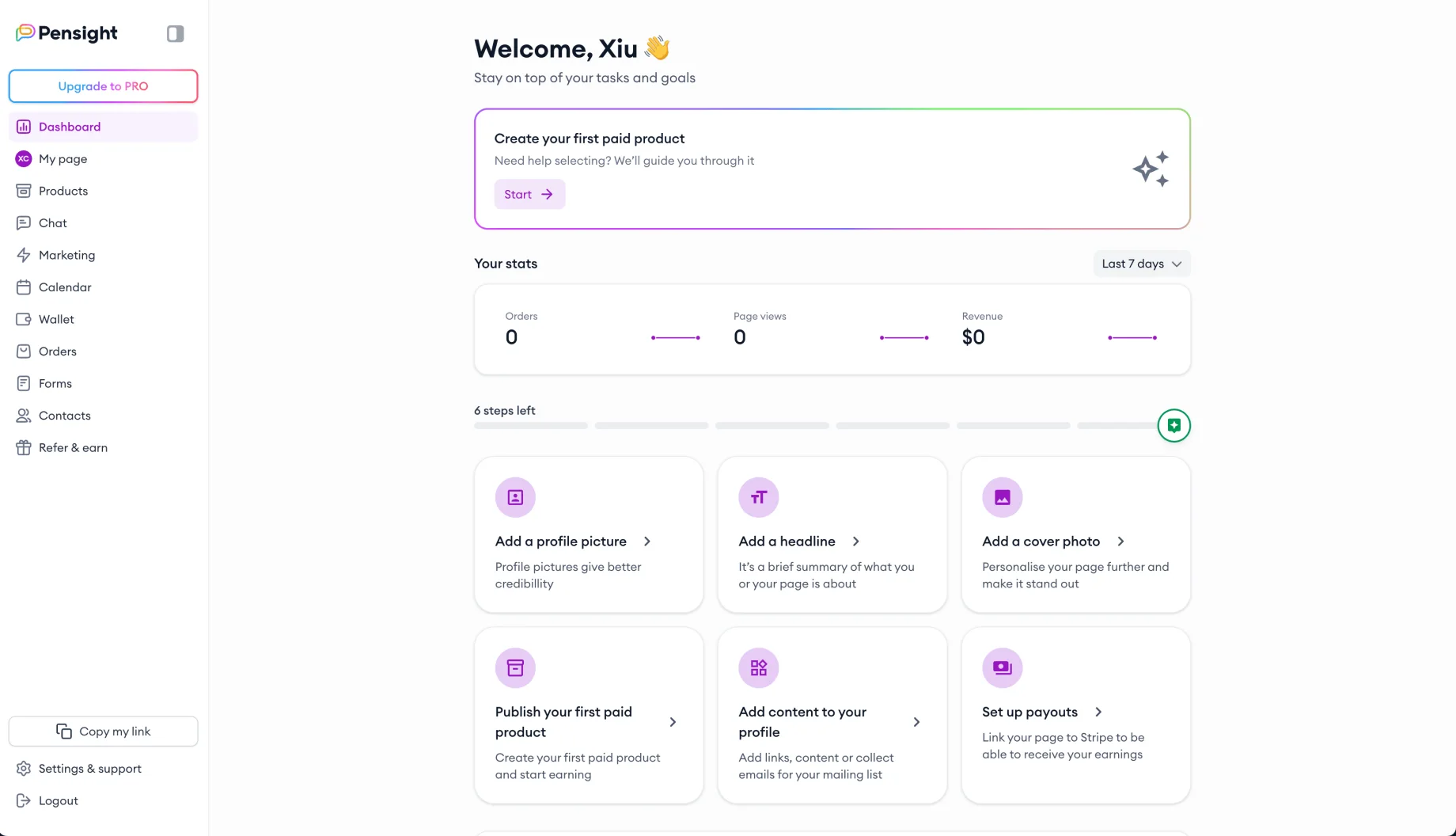 The old dashboard with its onboarding checklist