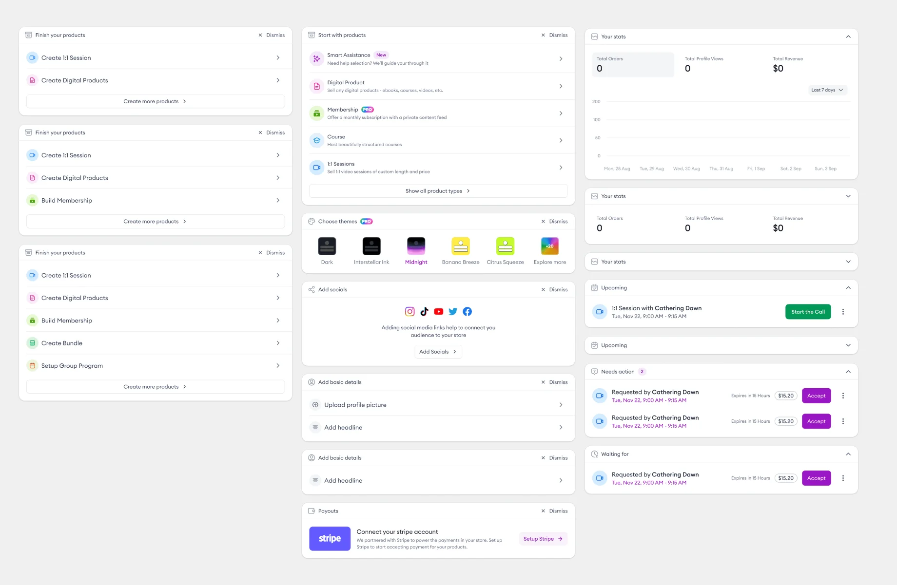 Dashboard widgets offering the steps someone skipped during setup