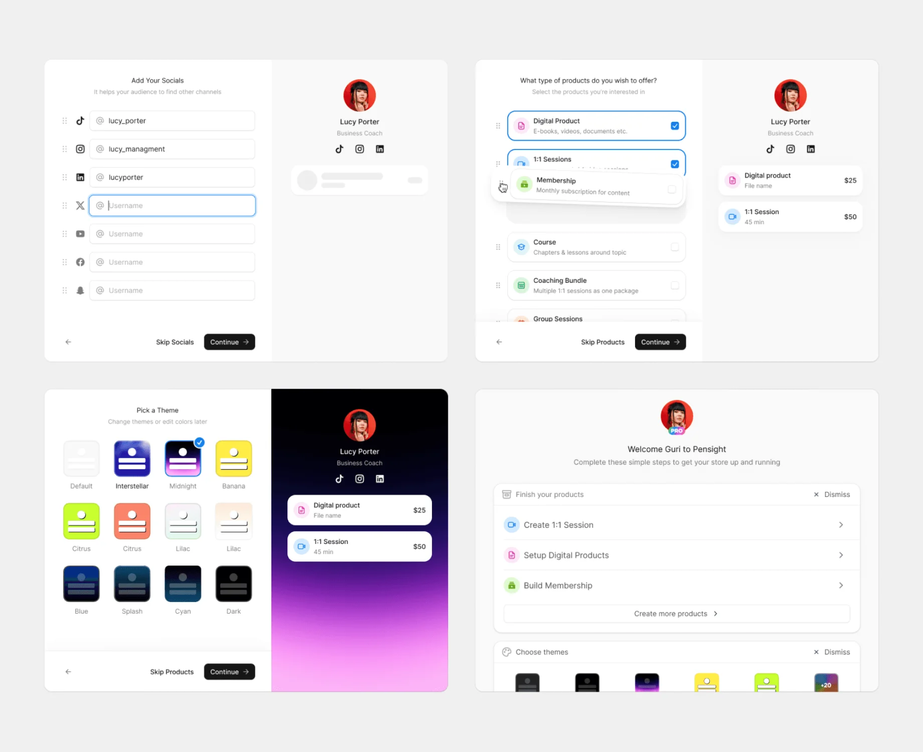 The guided setup steps, each with the profile previewing alongside